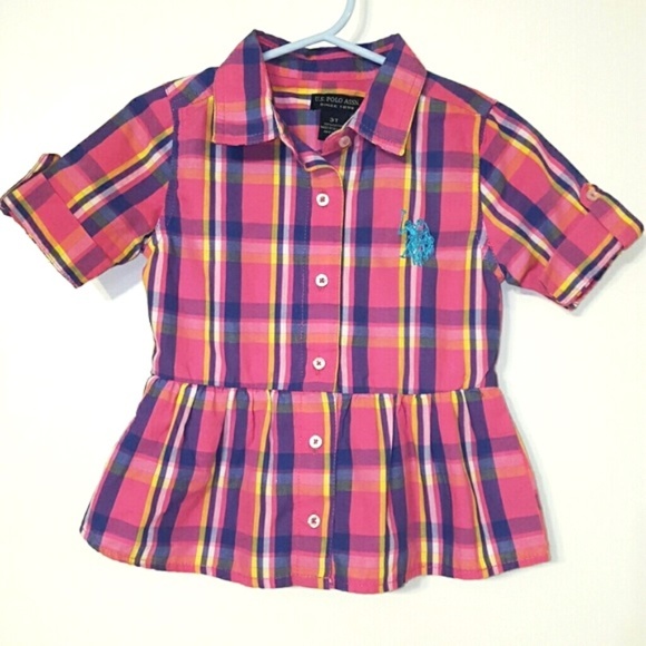 U.S. Polo Assn. Plaid Peplum Button Up Girls Shirt - Picture 1 of 4